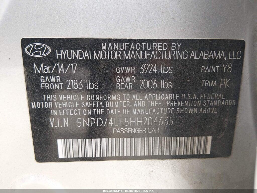 5NPD74LF5HH204635 2017 HYUNDAI ELANTRA photo no. 9