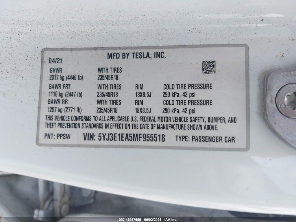5YJ3E1EA5MF955518 2021 TESLA MODEL 3 photo no. 9