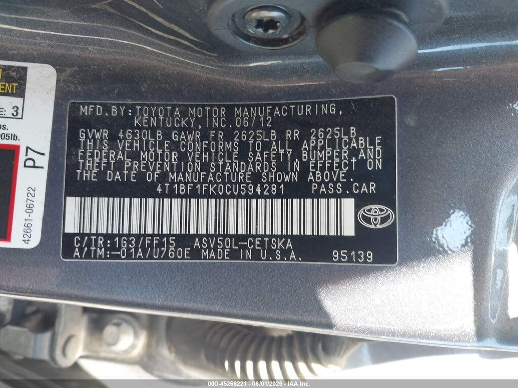 4T1BF1FK0CU594281 2012 TOYOTA CAMRY photo no. 9