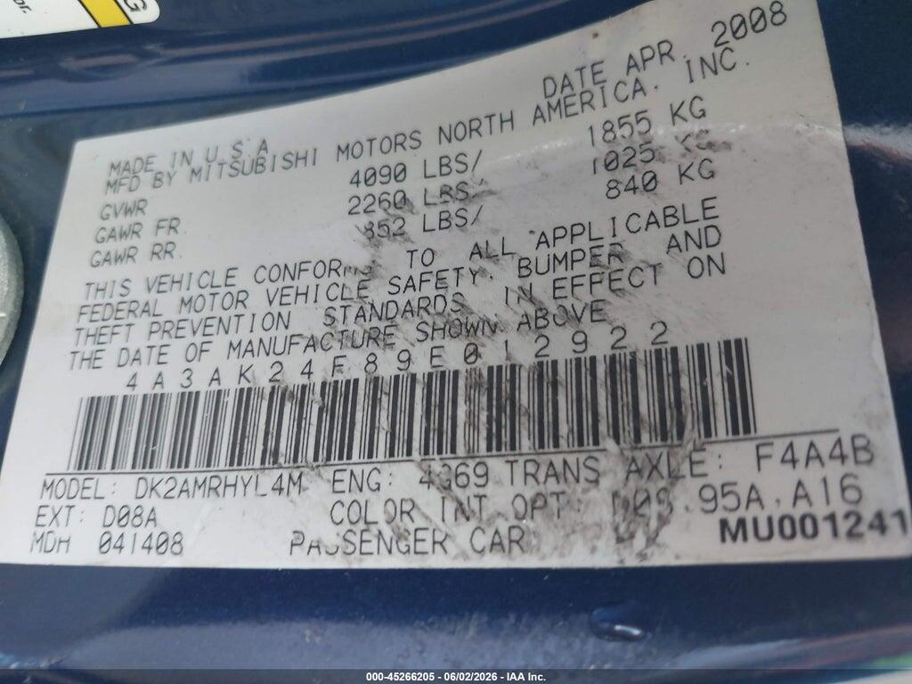 4A3AK24F89E012922 2009 MITSUBISHI ECLIPSE photo no. 9