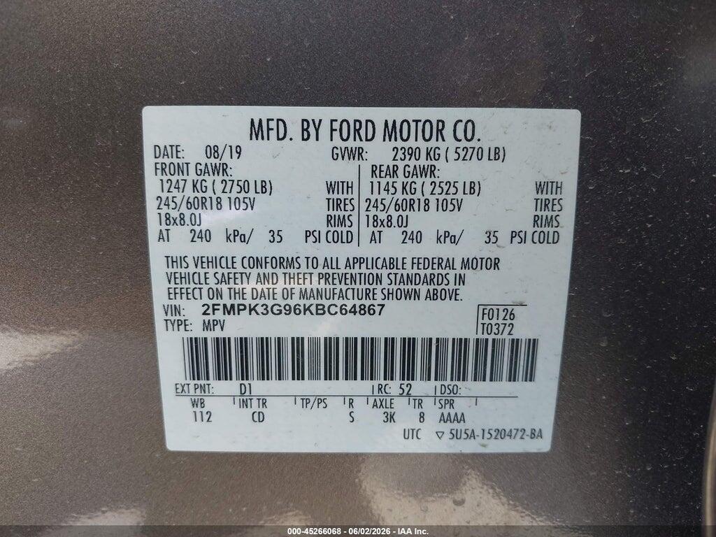 2FMPK3G96KBC64867 2019 FORD EDGE photo no. 9