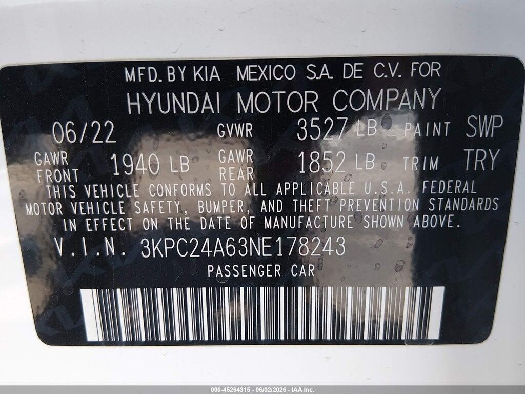 3KPC24A63NE178243 2022 HYUNDAI ACCENT photo no. 9