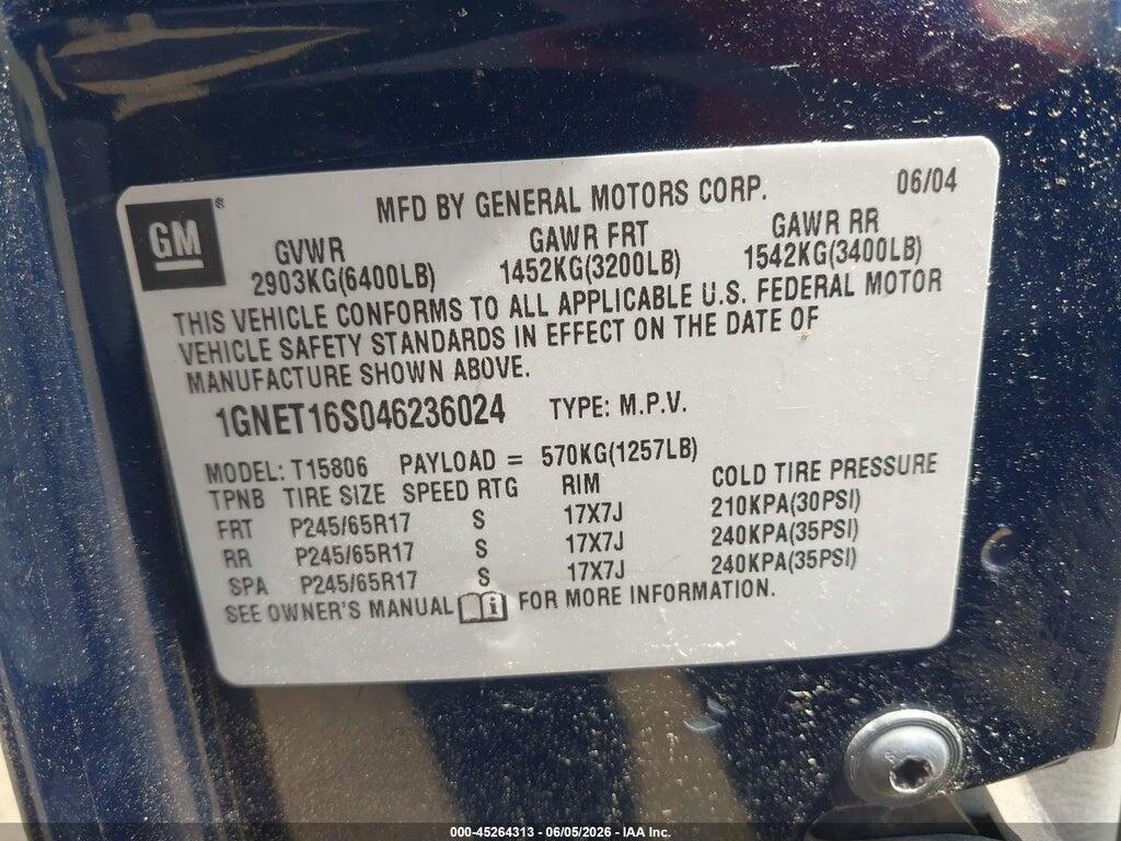 1GNET16S046236024 2004 CHEVROLET TRAILBLAZER EXT photo no. 9