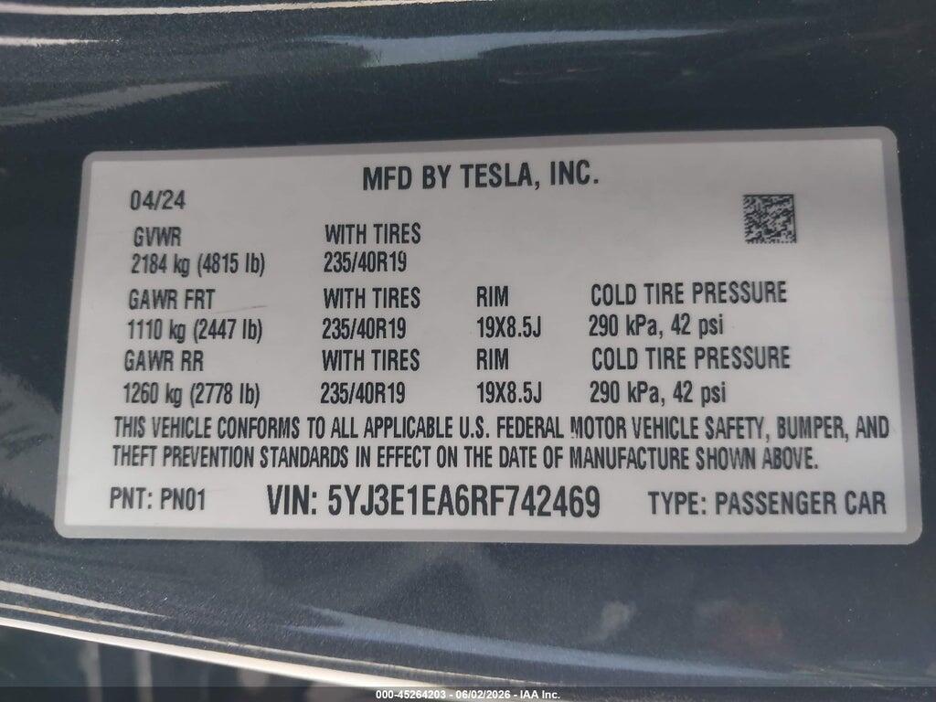 5YJ3E1EA6RF742469 2024 TESLA MODEL 3 photo no. 9