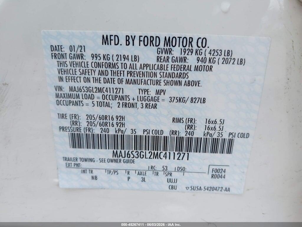 MAJ6S3GL2MC411271 2021 FORD ECOSPORT photo no. 9