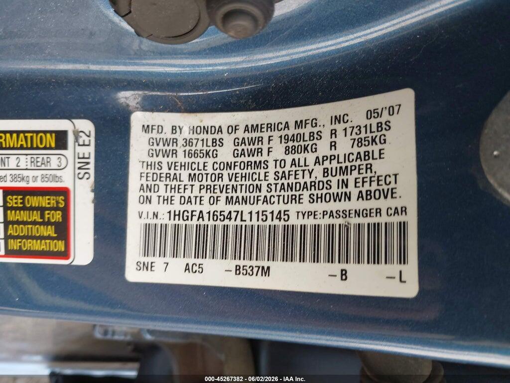 1HGFA16547L115145 2007 HONDA CIVIC photo no. 8
