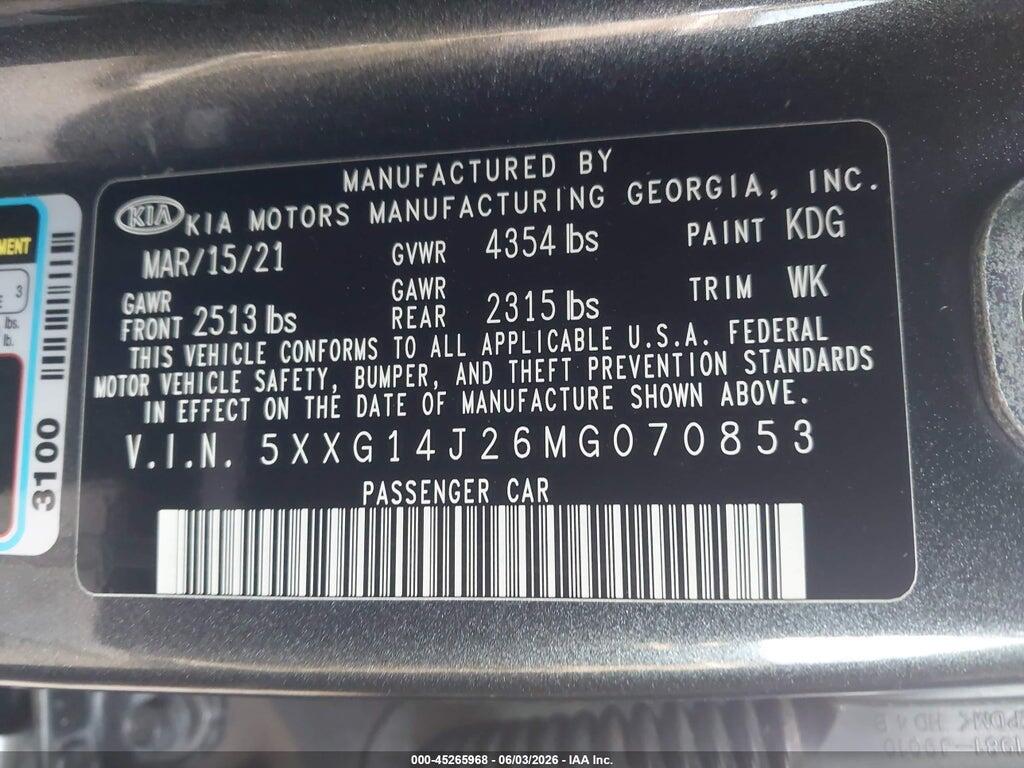 5XXG14J26MG070853 2021 KIA K5 photo no. 9