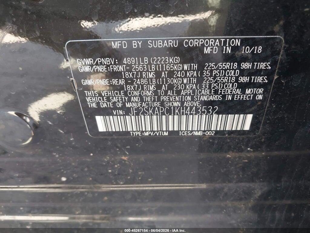JF2SKAPC1KH443532 2019 SUBARU FORESTER photo no. 9