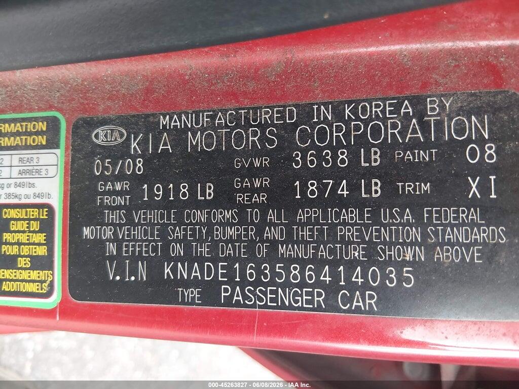 KNADE163586414035 2008 KIA RIO5 photo no. 9