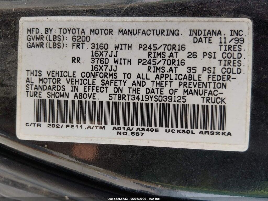 5TBRT3419YS039125 2000 TOYOTA TUNDRA photo no. 9