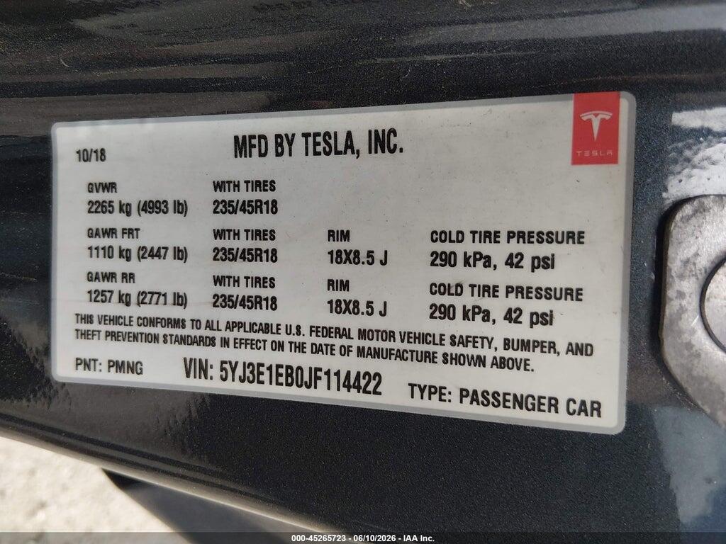5YJ3E1EB0JF114422 2018 TESLA MODEL 3 photo no. 9