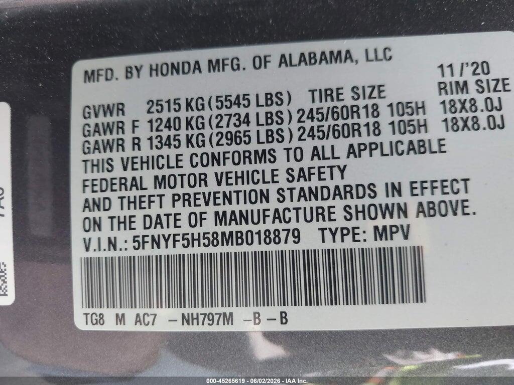 5FNYF5H58MB018879 2021 HONDA PILOT photo no. 9