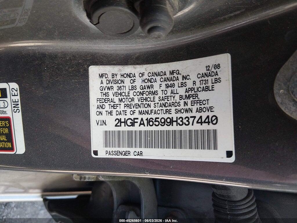 2HGFA16599H337440 2009 HONDA CIVIC photo no. 9