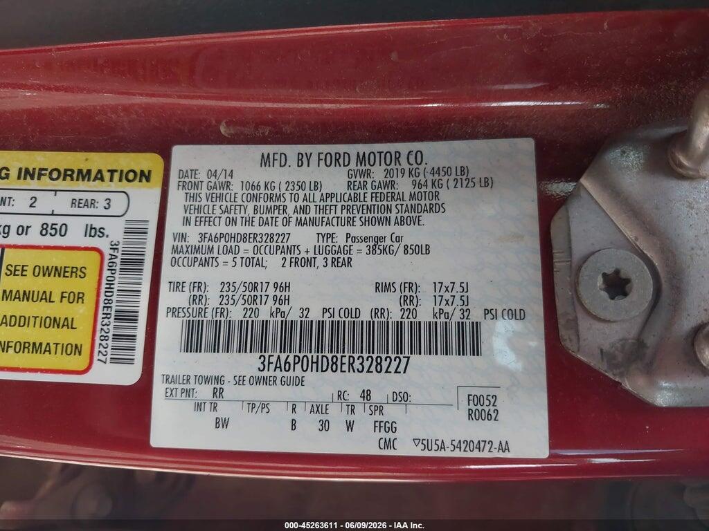 3FA6P0HD8ER328227 2014 FORD FUSION photo no. 9
