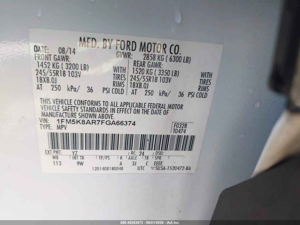 1FM5K8AR7FGA66374 2015 FORD UTILITY POLICE INTERCEPTOR photo no. 9