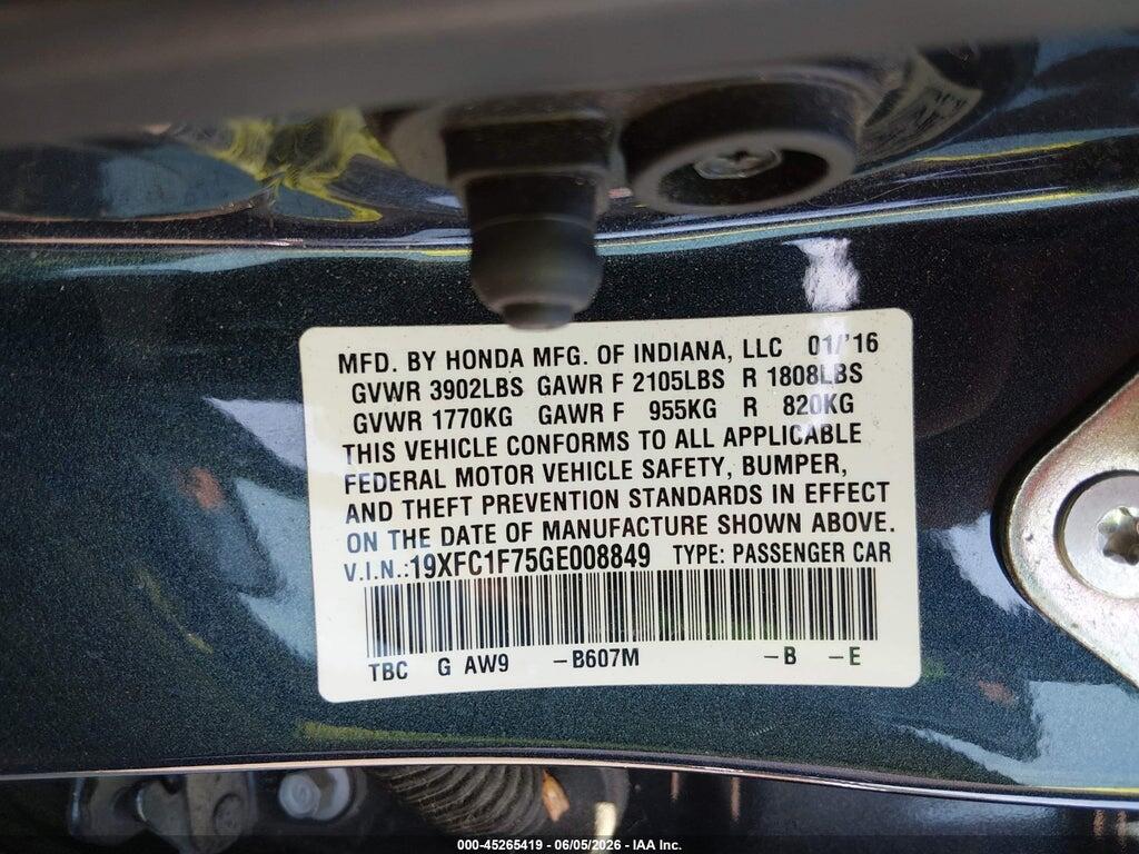 19XFC1F75GE008849 2016 HONDA CIVIC photo no. 9