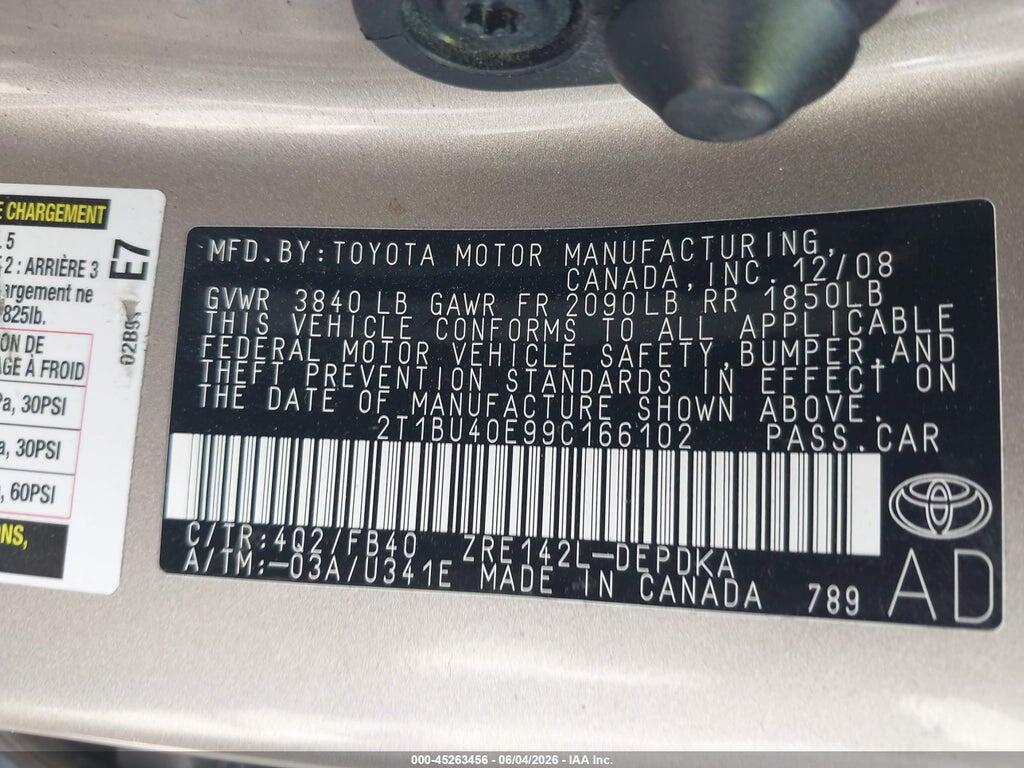 2T1BU40E99C166102 2009 TOYOTA COROLLA photo no. 9