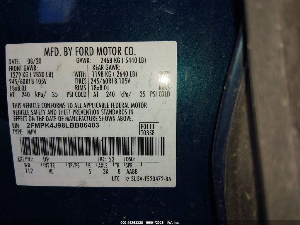2FMPK4J98LBB06403 2020 FORD EDGE photo no. 9