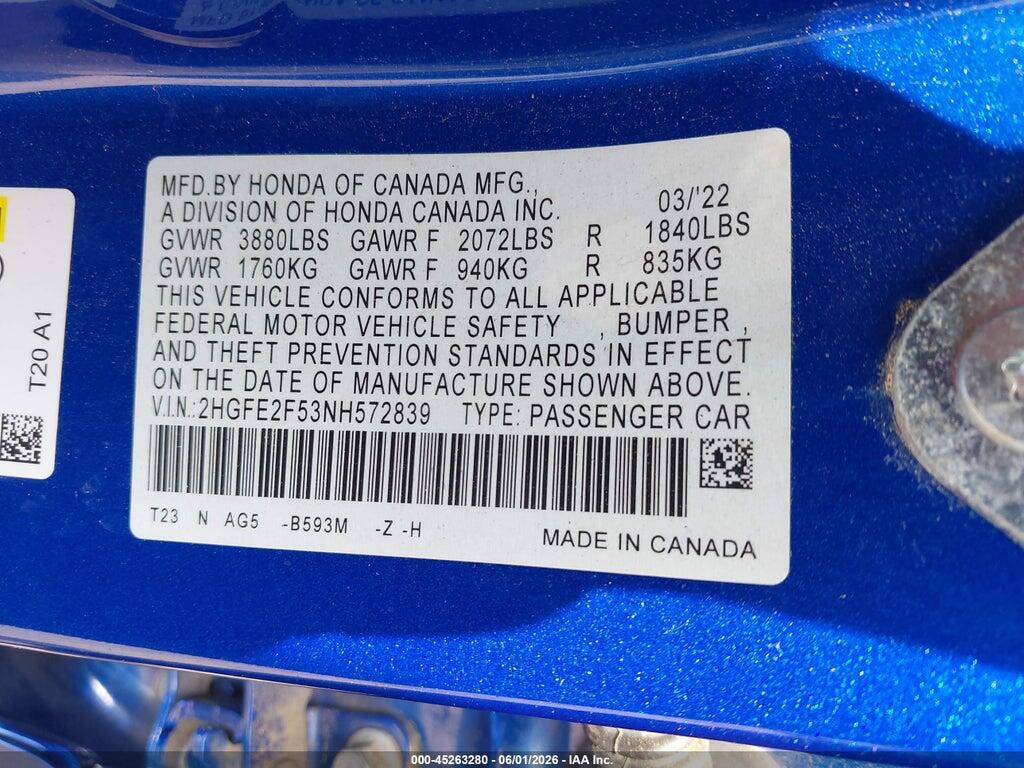2HGFE2F53NH572839 2022 HONDA CIVIC photo no. 9