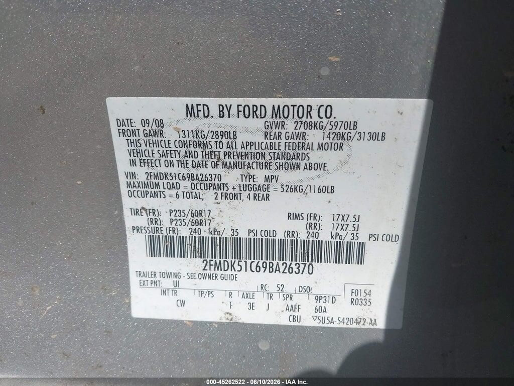 2FMDK51C69BA26370 2009 FORD FLEX photo no. 9