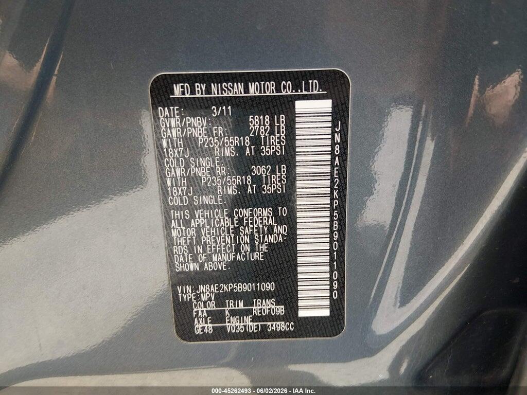 JN8AE2KP5B9011090 2011 NISSAN QUEST photo no. 9
