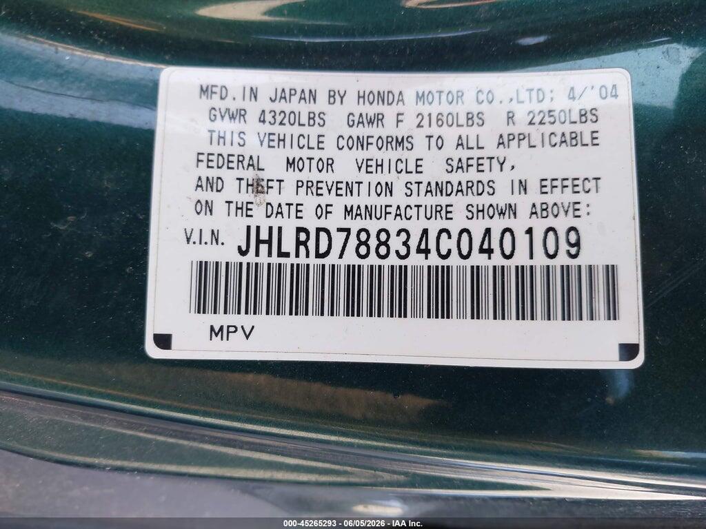 JHLRD78834C040109 2004 HONDA CR-V photo no. 9