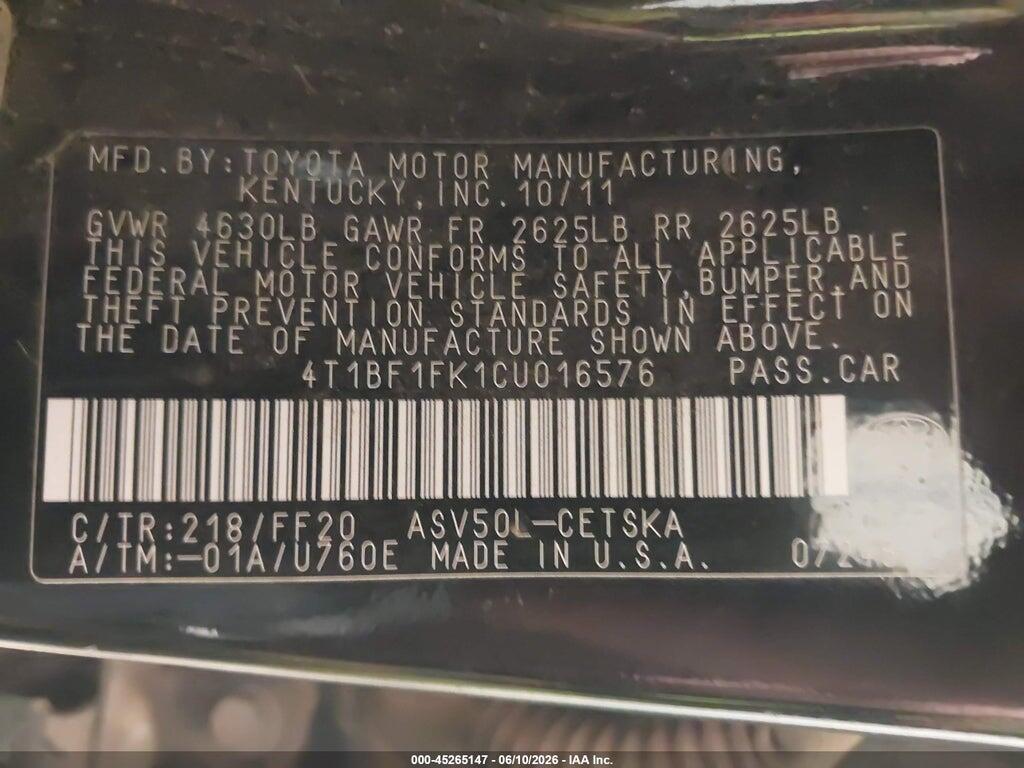 4T1BF1FK1CU016576 2012 TOYOTA CAMRY photo no. 9