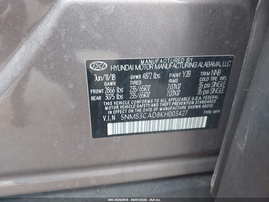5NMS3CAD8KH003427 2019 HYUNDAI SANTA FE photo no. 9