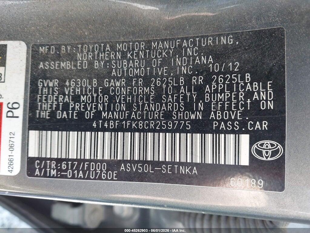 4T4BF1FK8CR259775 2012 TOYOTA CAMRY photo no. 9