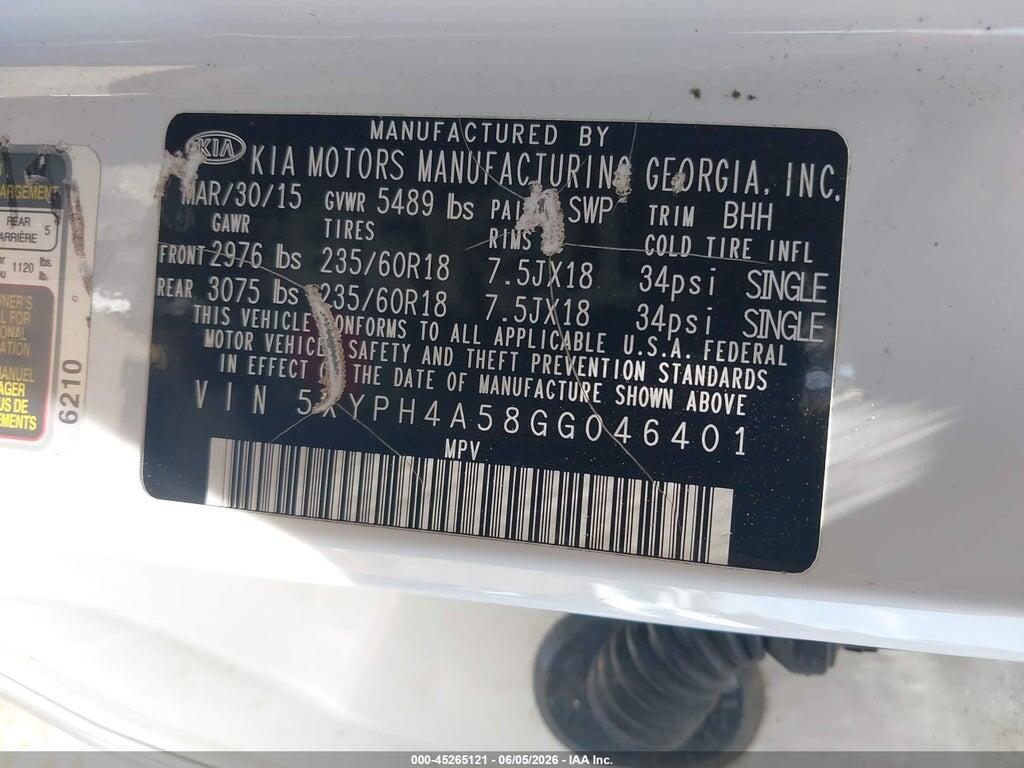 5XYPH4A58GG046401 2016 KIA SORENTO photo no. 9