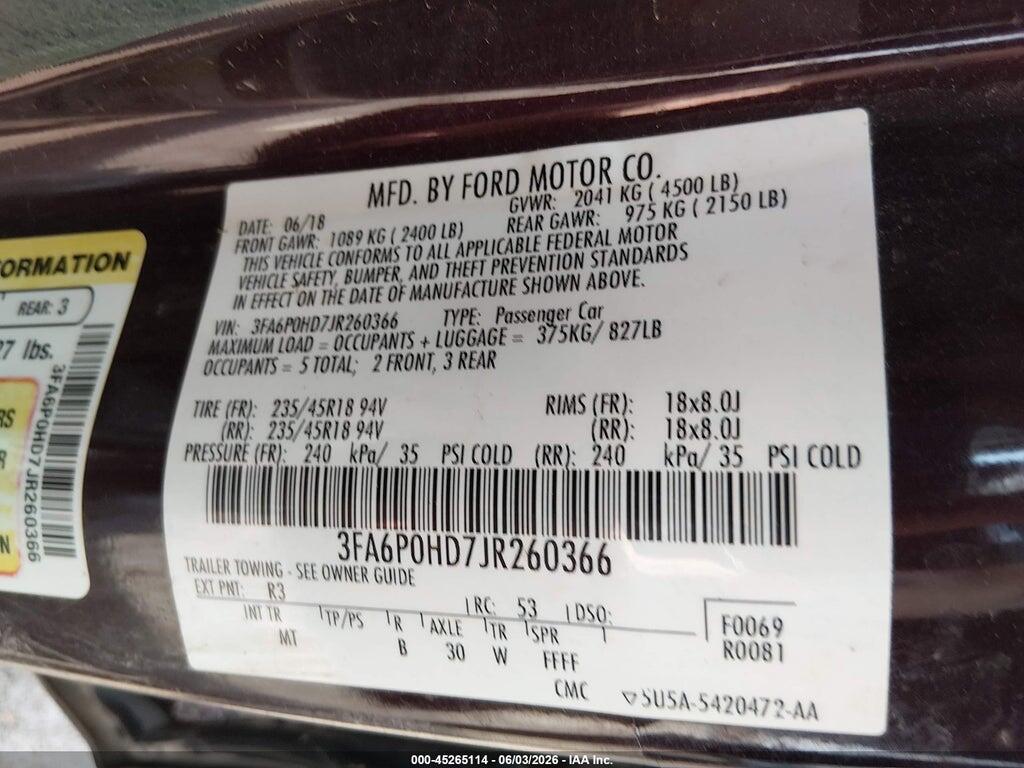 3FA6P0HD7JR260366 2018 FORD FUSION photo no. 9