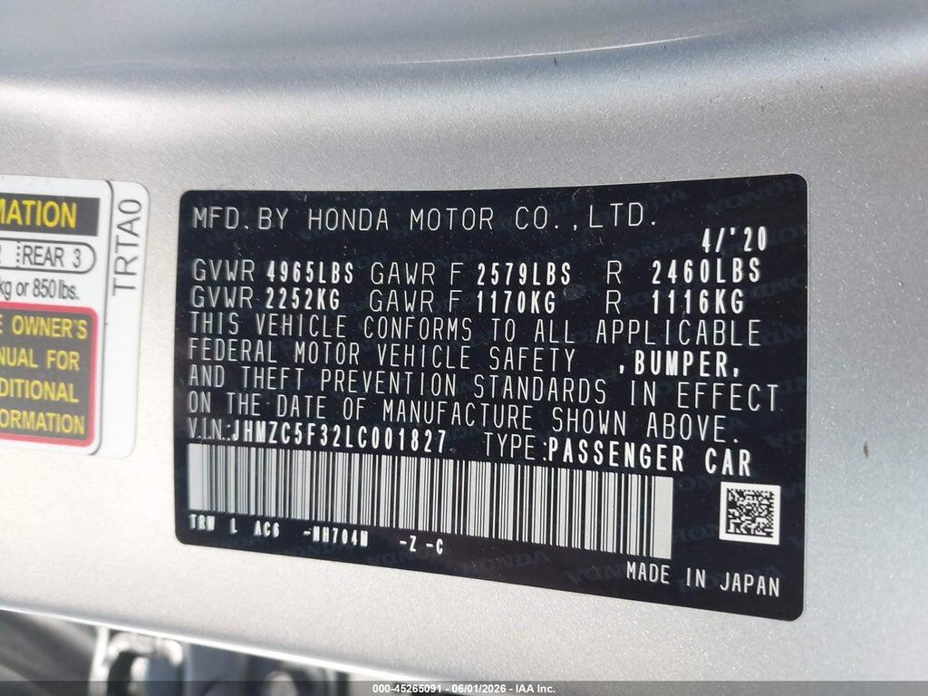 JHMZC5F32LC001827 2020 HONDA CLARITY PLUG-IN HYBRID photo no. 9