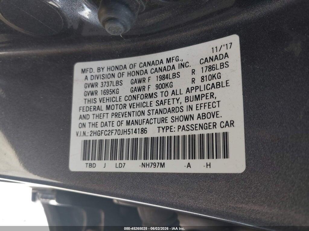 2HGFC2F70JH514186 2018 HONDA CIVIC photo no. 9