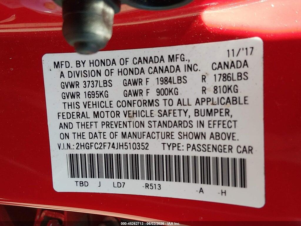 2HGFC2F74JH510352 2018 HONDA CIVIC photo no. 9