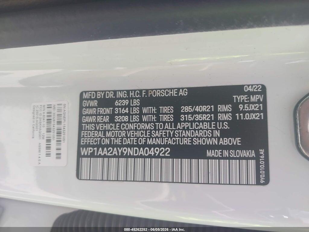 WP1AA2AY9NDA04922 2022 PORSCHE CAYENNE photo no. 9