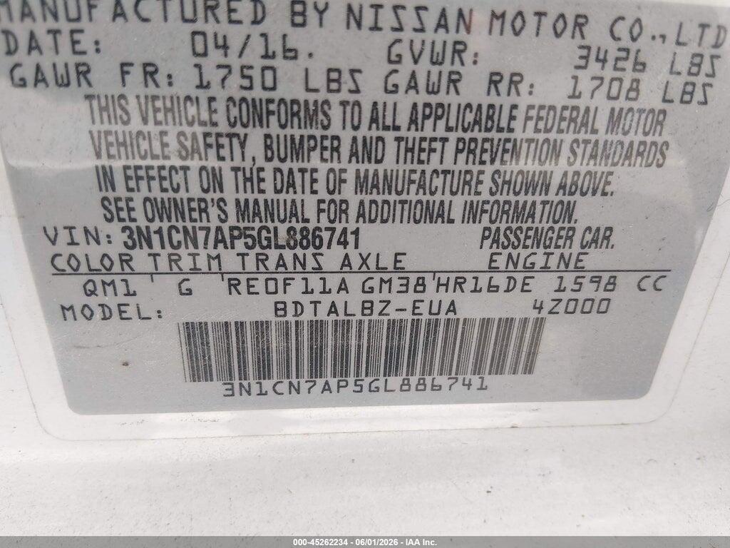 3N1CN7AP5GL886741 2016 NISSAN VERSA photo no. 9