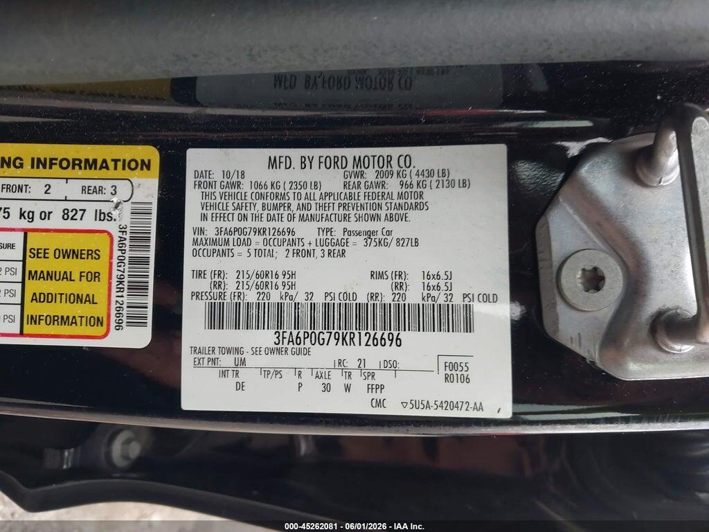 3FA6P0G79KR126696 2019 FORD FUSION photo no. 9
