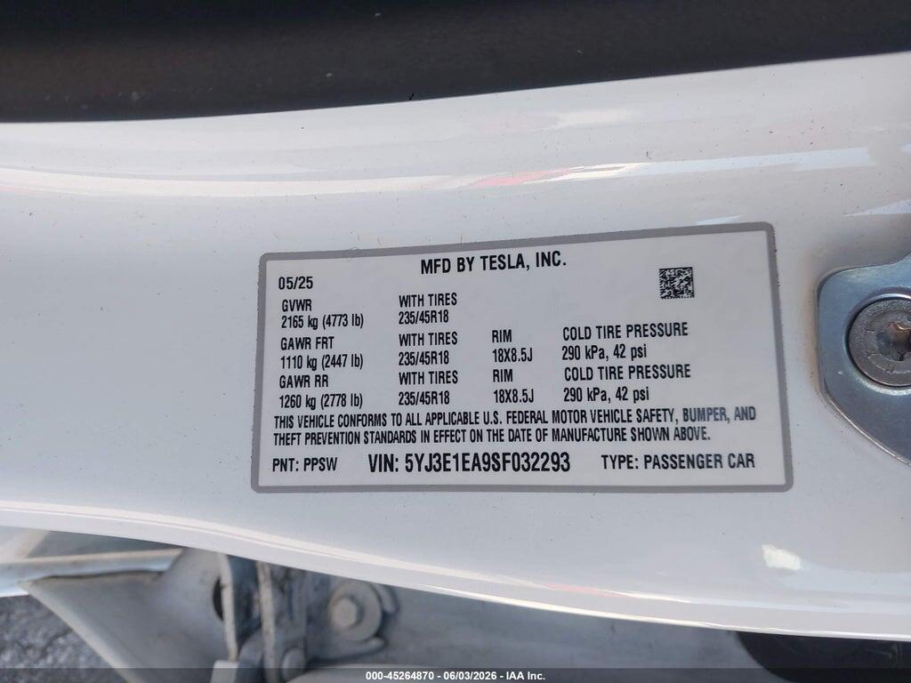 5YJ3E1EA9SF032293 2025 TESLA MODEL 3 photo no. 9