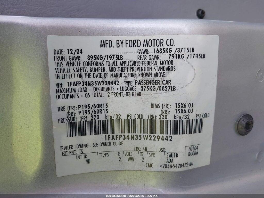 1FAFP34N35W229442 2005 FORD FOCUS photo no. 9