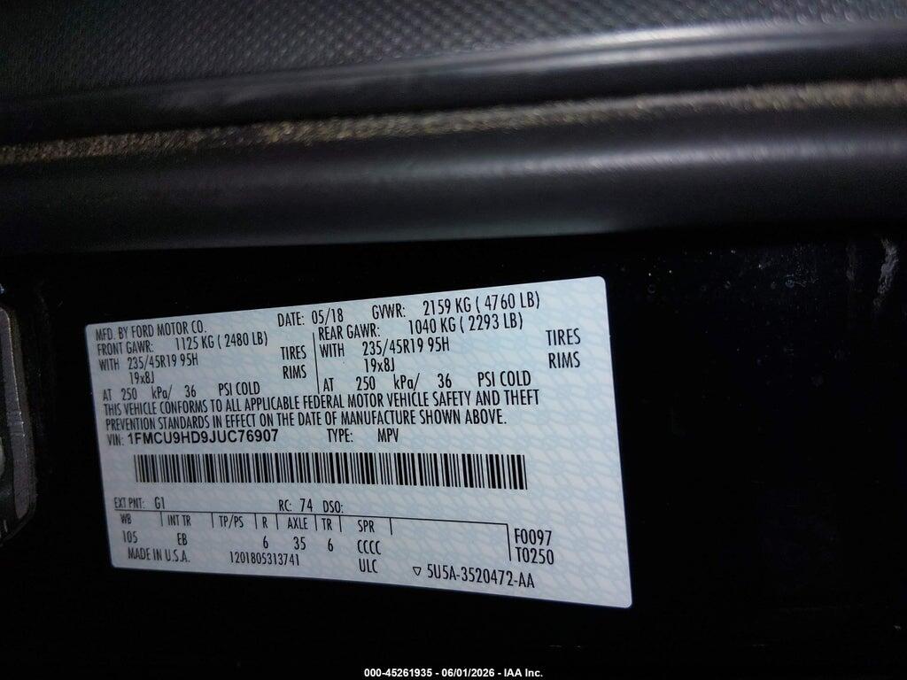 1FMCU9HD9JUC76907 2018 FORD ESCAPE photo no. 9