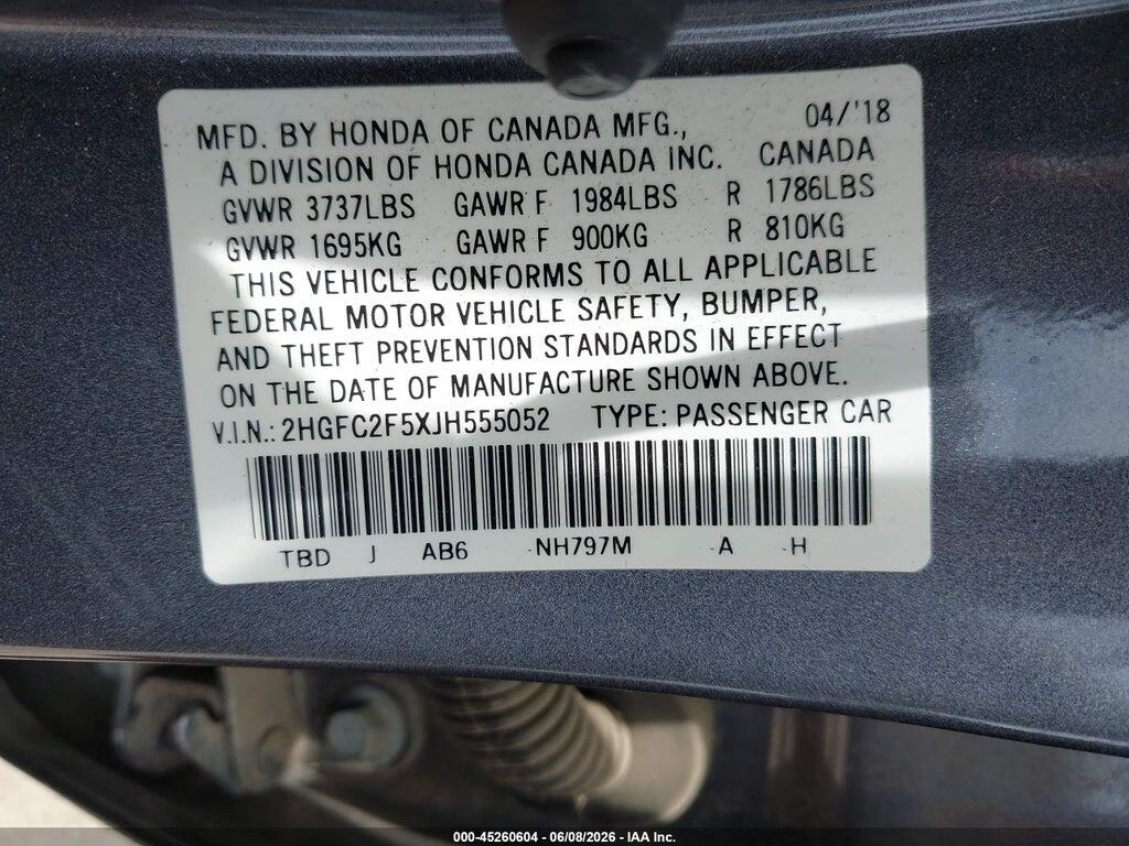 2HGFC2F5XJH555052 2018 HONDA CIVIC photo no. 9