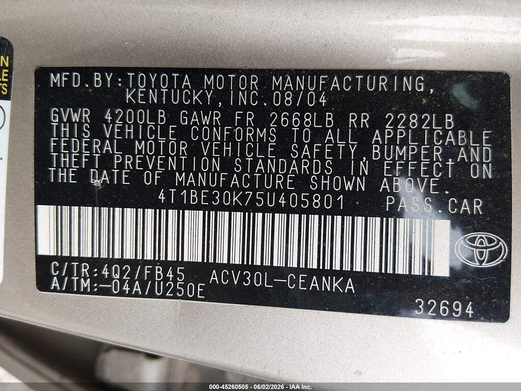 4T1BE30K75U405801 2005 TOYOTA CAMRY photo no. 9