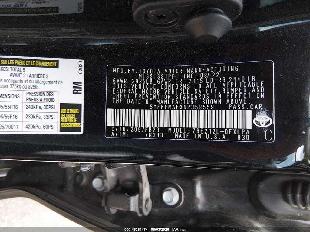 5YFEPMAEXNP358559 2022 TOYOTA COROLLA photo no. 9