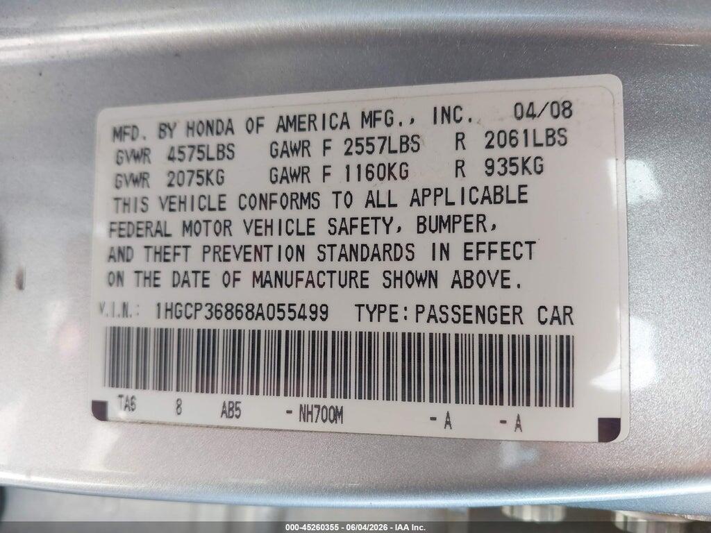 1HGCP36868A055499 2008 HONDA ACCORD photo no. 9