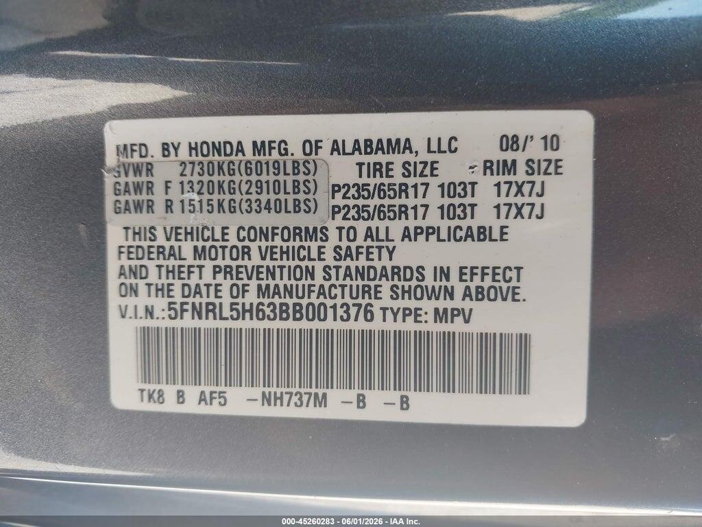 5FNRL5H63BB001376 2011 HONDA ODYSSEY photo no. 9