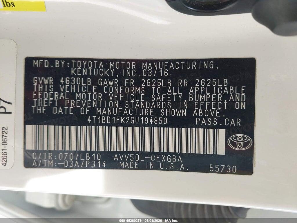 4T1BD1FK2GU194850 2016 TOYOTA CAMRY HYBRID photo no. 9