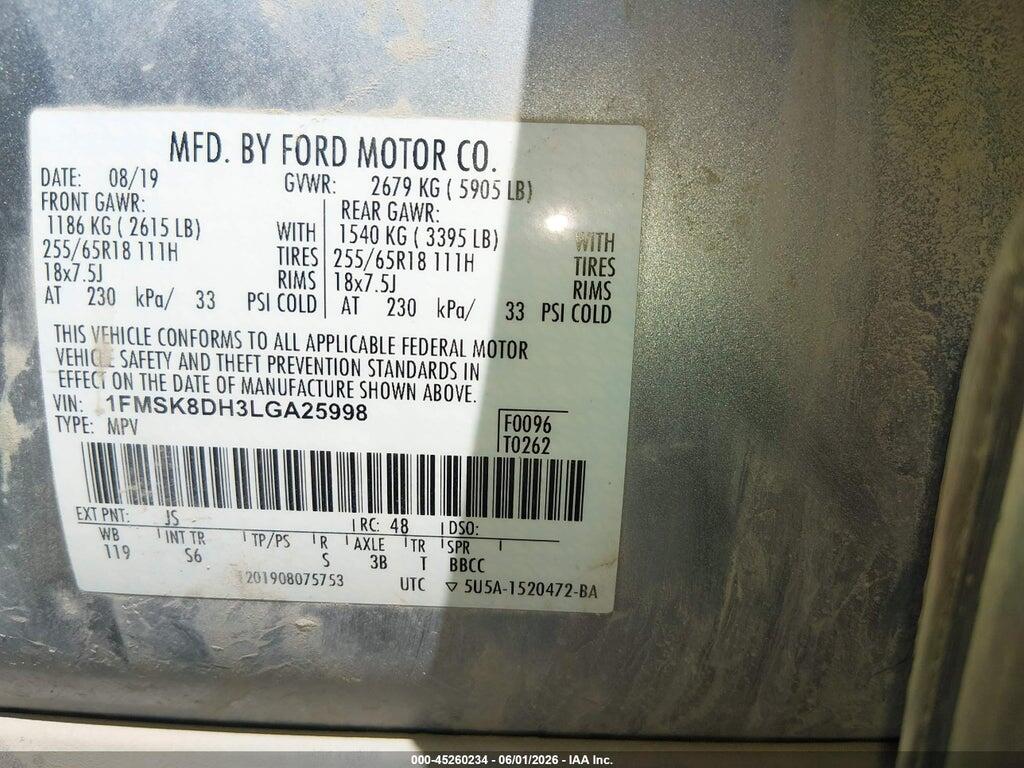 1FMSK8DH3LGA25998 2020 FORD EXPLORER photo no. 9
