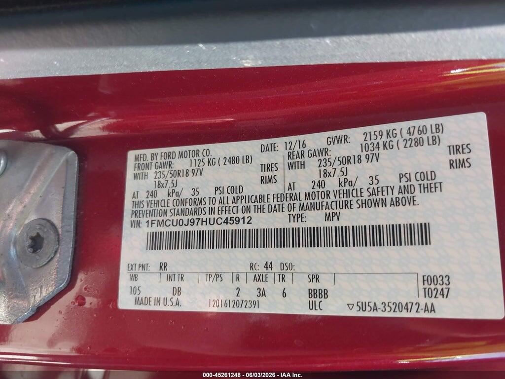 1FMCU0J97HUC45912 2017 FORD ESCAPE photo no. 9