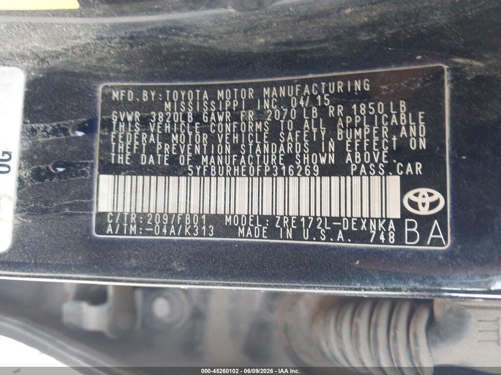 5YFBURHE0FP316269 2015 TOYOTA COROLLA photo no. 9