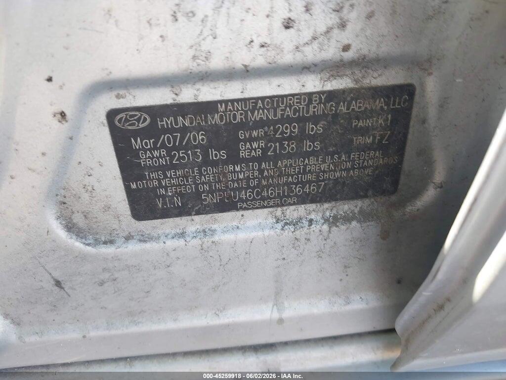 5NPEU46C46H136467 2006 HYUNDAI SONATA photo no. 9